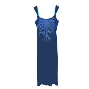 Vtg Wendye Chaitin Blue Velvet Floor Length Formal Dress Gown Silver Studded